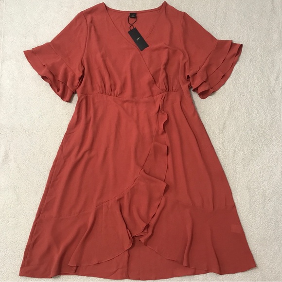 Faux Wrap Midi Dress Ruffle Short Sleeve Burnt Orange Size 2X - Picture 4 of 14